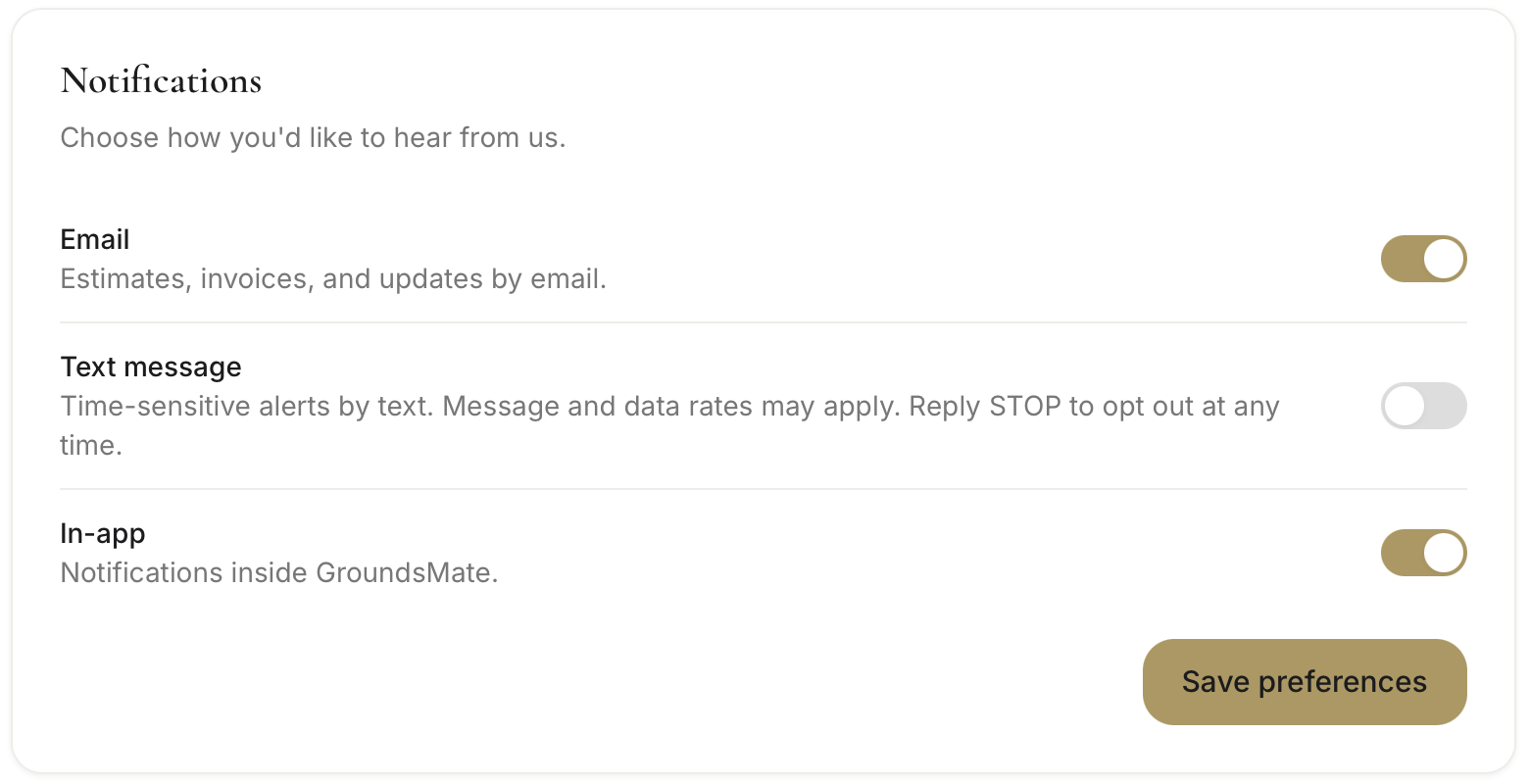 Client portal Settings, Notifications: a 'Text message' opt-in toggle with the consent text 'Time-sensitive alerts by text. Message and data rates may apply. Reply STOP to opt out at any time.'